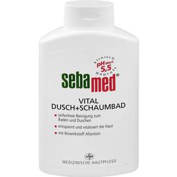 Weiße Flasche mit Duschgel von sebamed und rotem, grünem Text.