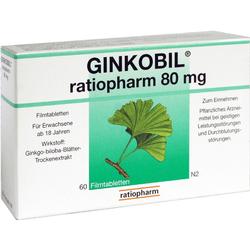Schachtel mit Ginkobil-Tabletten von Ratiopharm zur Unterstützung der Durchblutung.