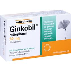 Schachtel mit Ginkobil-Tabletten zur Unterstützung bei geistigen und Durchblutungsstörungen.