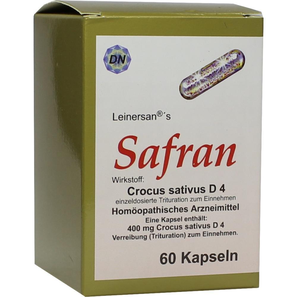 Grüne Verpackung mit der Aufschrift "Safran" und "60 Kapseln".