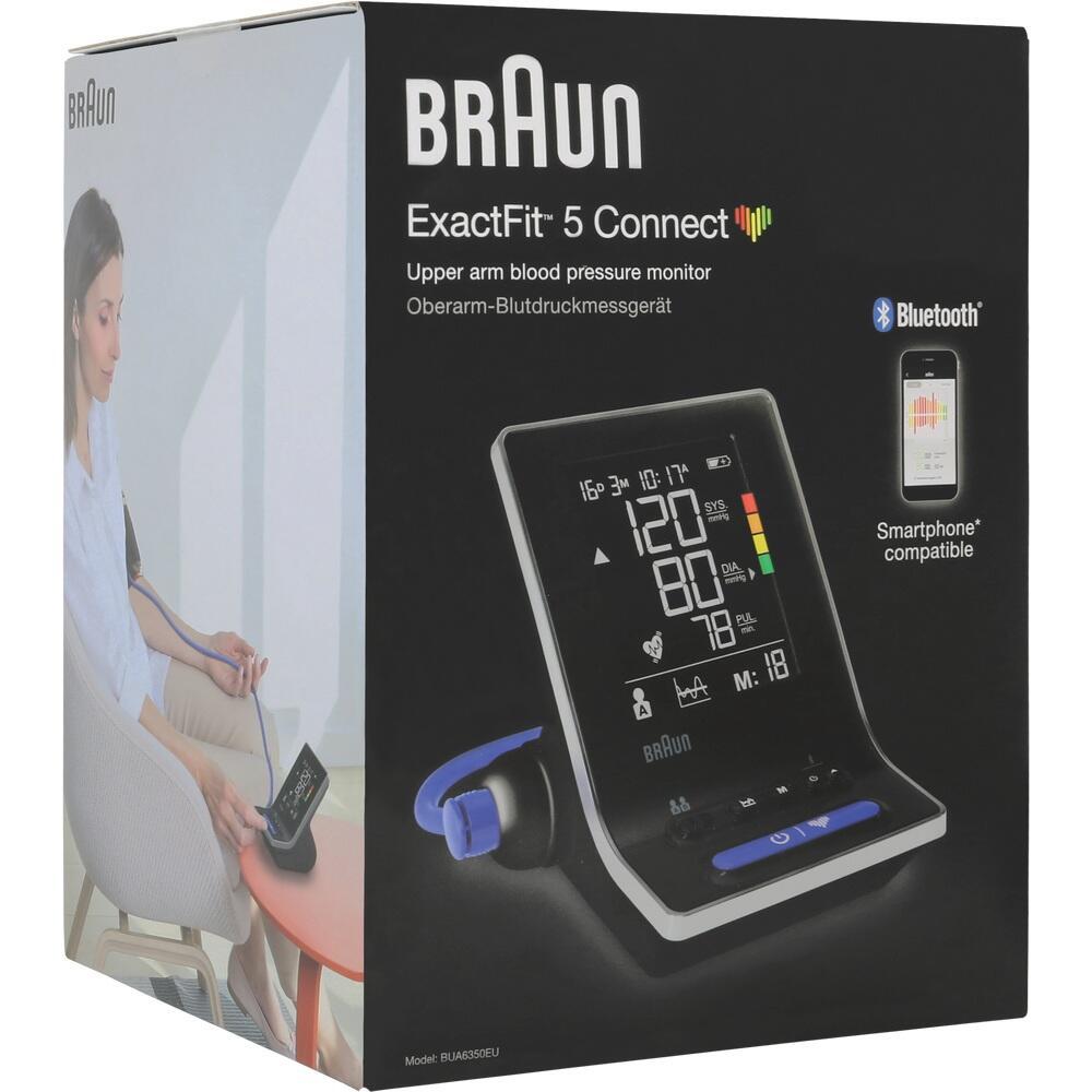 Verpackung eines Oberarm-Blutdruckmessgeräts von Braun mit Bluetooth-Funktion.